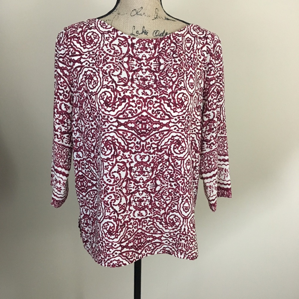 Skies Are Blue Top Womens M 3/4 Sleeve Burgundy Pattern Office
